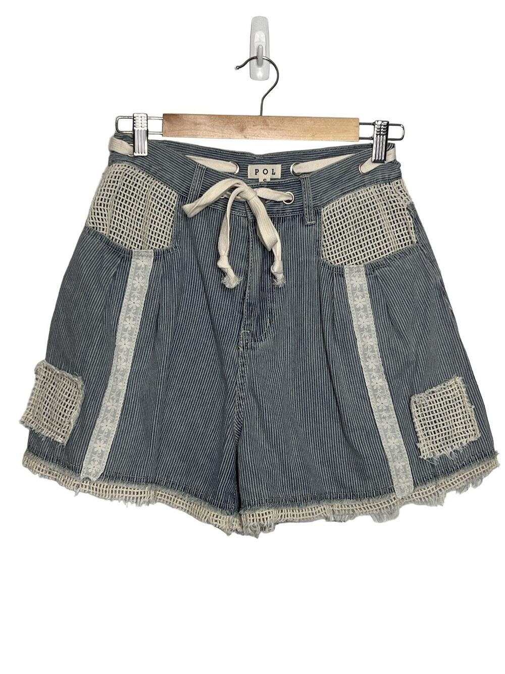 POL Crochet Drawstring Shorts Small Blue White Denim Cotton